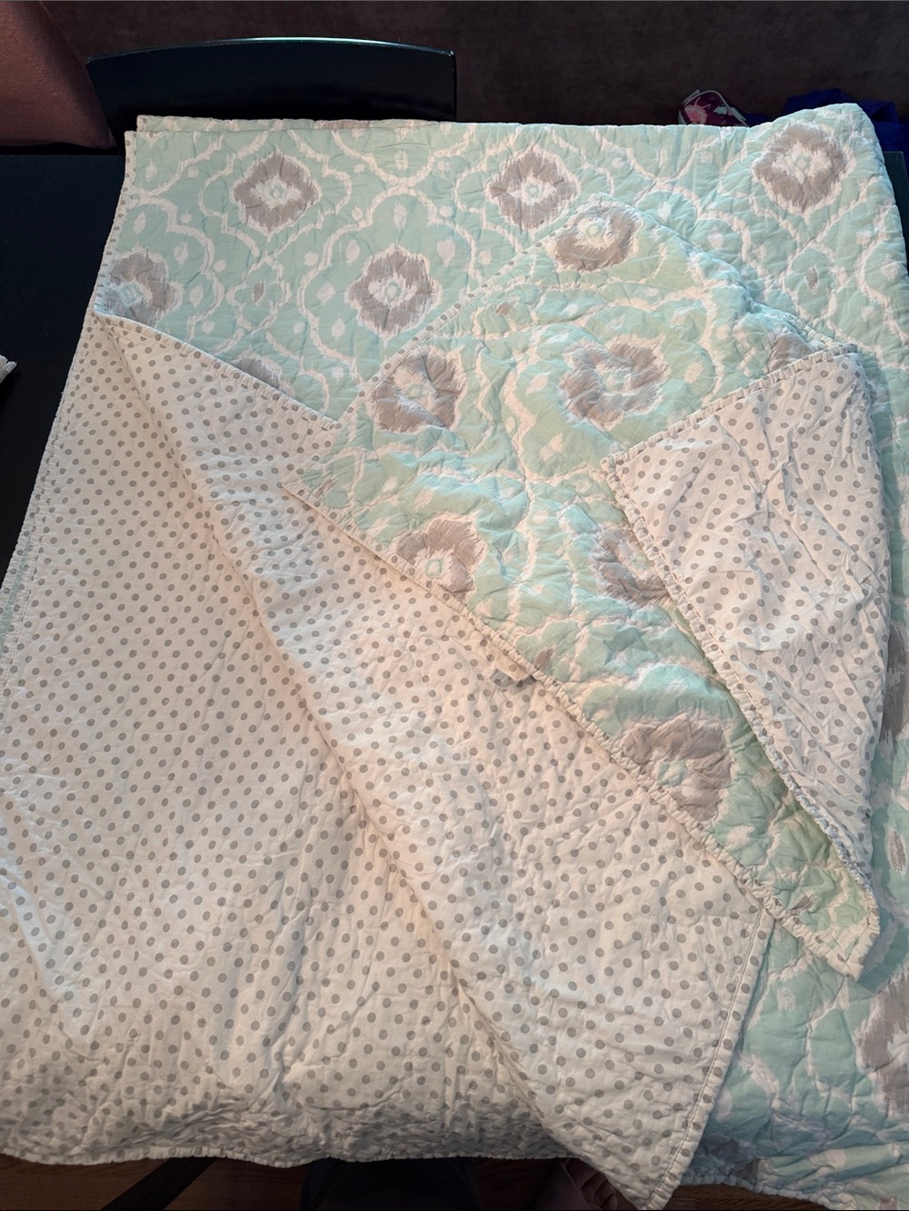 Pottery barn kids Light Aqua and Gray Reversible Quilt w/ pillow Sham